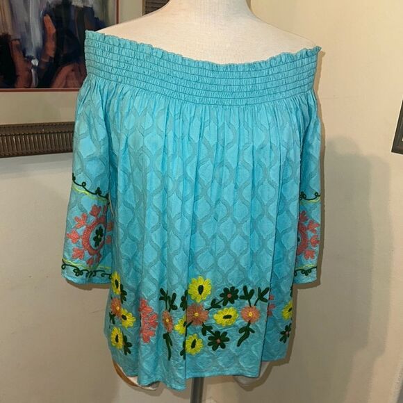 MODAPOSA Floral Embroidered Off-Shoulder Top - Blue Size Small - Picture 4 of 14
